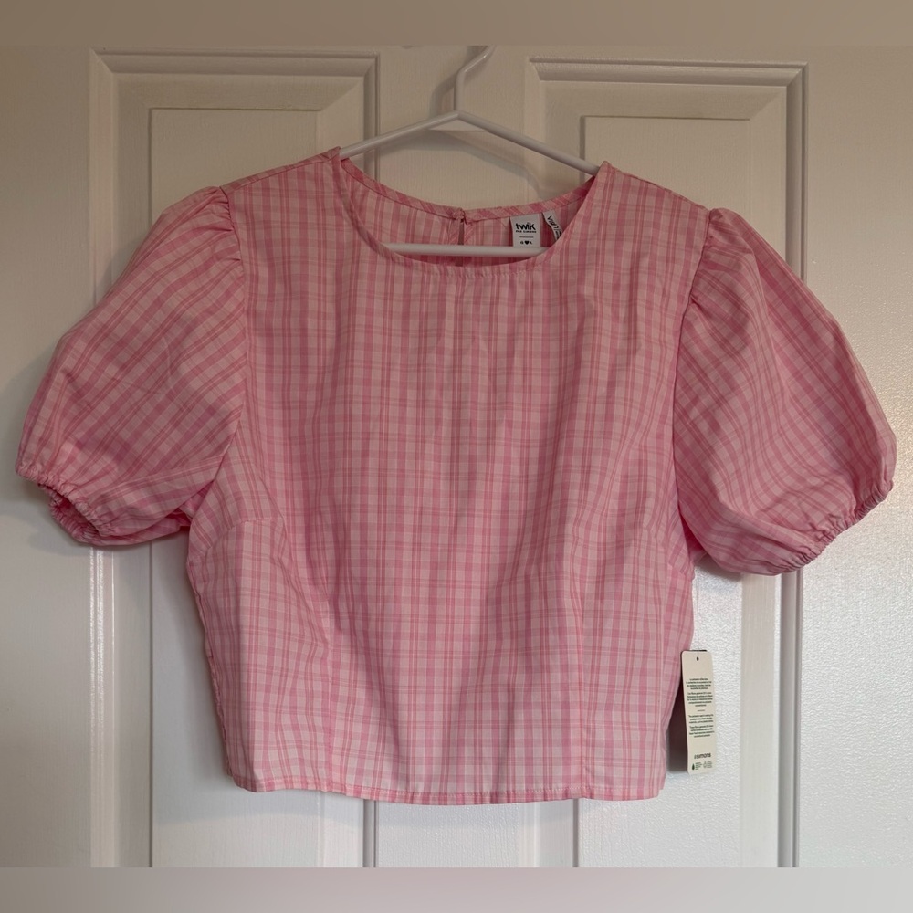 NEW Twik Pink Plaid Puff Sleeve Top - Women’s size Large
